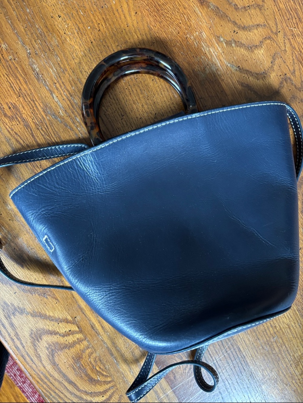 Loeffler Randall Navy Blue Leather Bucket Bag Purse with Tortoiseshell Handle - Picture 6 of 7